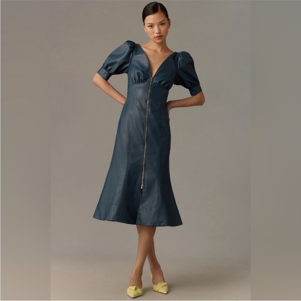 Anthropologie Faux Leather Puff Sleeve Zip Front Midi Dress